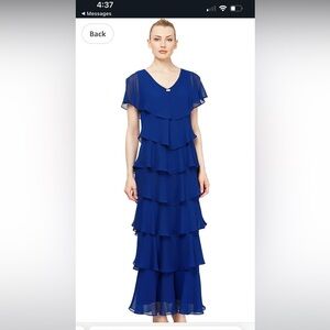 S.L. Fashions Women's Long V-Neck Ruffle Tiered Dress Navy Size 16